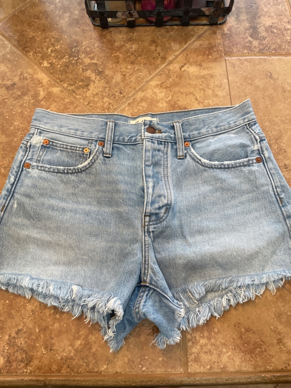 High-Waist Light Blue Denim Frayed Hem Madewell Shorts